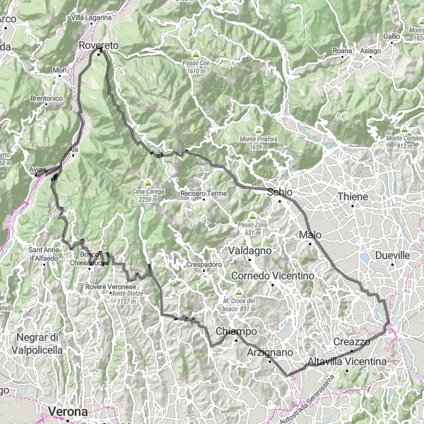Miniaturekort af cykelinspirationen "Rovereto & Valli del Pasubio Road Trip" i Provincia Autonoma di Trento, Italy. Genereret af Tarmacs.app cykelruteplanlægger