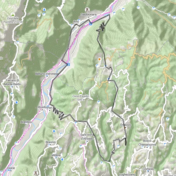Map miniature of "Ancient Passes and Breathtaking Views: Avio to Monte Montarione" cycling inspiration in Provincia Autonoma di Trento, Italy. Generated by Tarmacs.app cycling route planner
