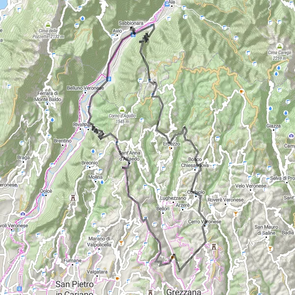 Map miniature of "Roaming Hills and Mountain Passes: Avio to Sant'Anna d'Alfaedo" cycling inspiration in Provincia Autonoma di Trento, Italy. Generated by Tarmacs.app cycling route planner