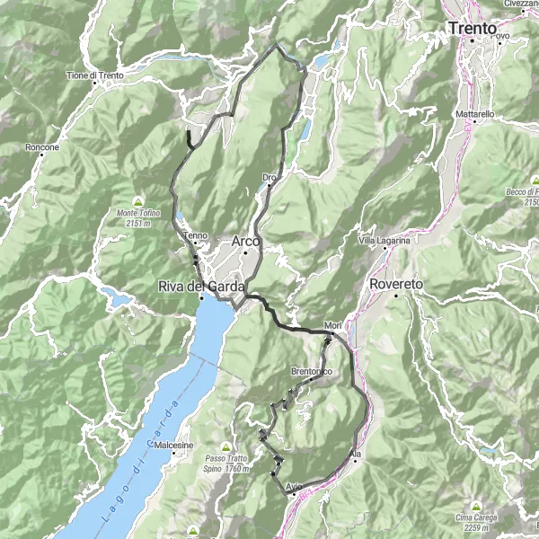 Kartminiatyr av "Veien til Gardasjøen via Passo di San Valentino" sykkelinspirasjon i Provincia Autonoma di Trento, Italy. Generert av Tarmacs.app sykkelrutoplanlegger