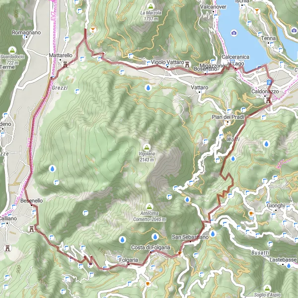 Miniature de la carte de l'inspiration cycliste "Aventure dans les montagnes de Besenello" dans la Provincia Autonoma di Trento, Italy. Générée par le planificateur d'itinéraire cycliste Tarmacs.app
