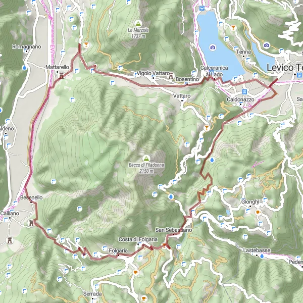 Miniaturní mapa "Gravelová cyklotrasa Besenello" inspirace pro cyklisty v oblasti Provincia Autonoma di Trento, Italy. Vytvořeno pomocí plánovače tras Tarmacs.app