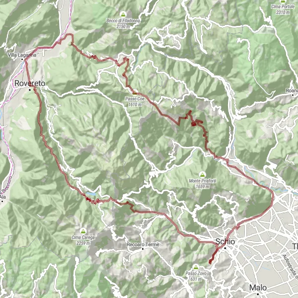 Miniatura della mappa di ispirazione al ciclismo "Giro delle Valli del Monte Stivo e Pasubio" nella regione di Provincia Autonoma di Trento, Italy. Generata da Tarmacs.app, pianificatore di rotte ciclistiche