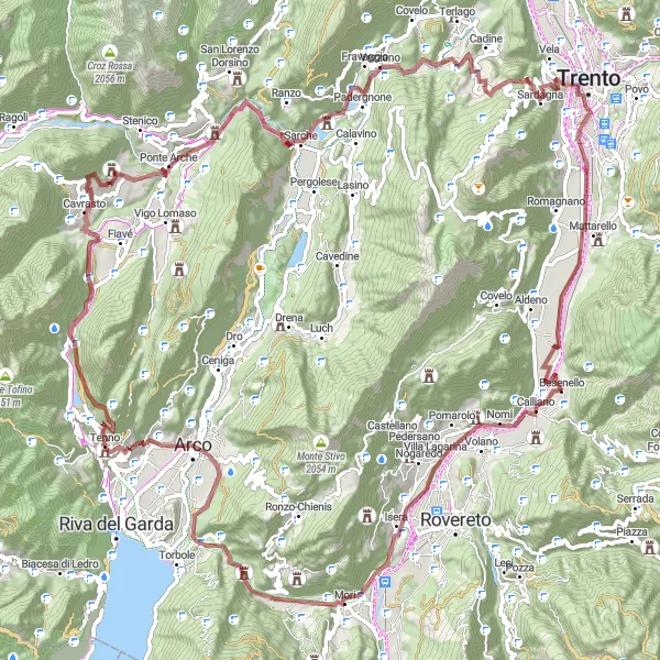 Miniatuurkaart van de fietsinspiratie "Uitdagende gravelroute met historische highlights" in Provincia Autonoma di Trento, Italy. Gemaakt door de Tarmacs.app fietsrouteplanner