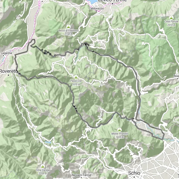 Miniaturekort af cykelinspirationen "Besenello til Besenello via Passo della Borcola og Posina" i Provincia Autonoma di Trento, Italy. Genereret af Tarmacs.app cykelruteplanlægger