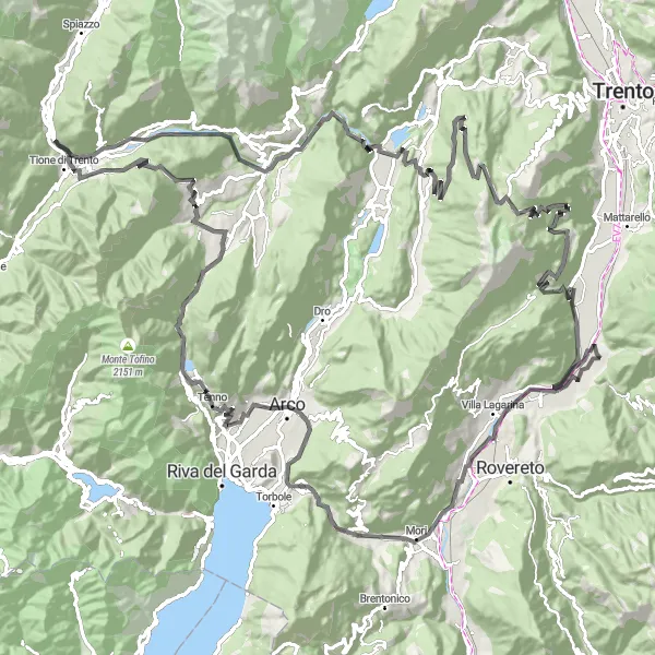 Miniaturní mapa "Cyklotrasa Besenello a okolí" inspirace pro cyklisty v oblasti Provincia Autonoma di Trento, Italy. Vytvořeno pomocí plánovače tras Tarmacs.app