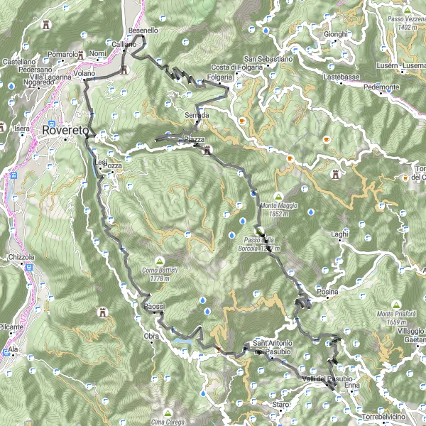 Miniatua del mapa de inspiración ciclista "Viaje a través de los pueblos y montañas" en Provincia Autonoma di Trento, Italy. Generado por Tarmacs.app planificador de rutas ciclistas