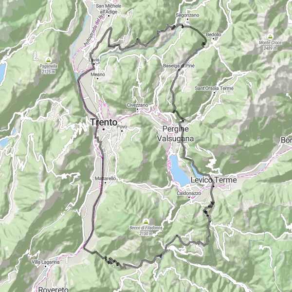 Kartminiatyr av "Trento och Lisignago Kretstur" cykelinspiration i Provincia Autonoma di Trento, Italy. Genererad av Tarmacs.app cykelruttplanerare