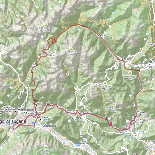 Miniatua del mapa de inspiración ciclista "Ruta de Grava Scurelle - Bieno" en Provincia Autonoma di Trento, Italy. Generado por Tarmacs.app planificador de rutas ciclistas