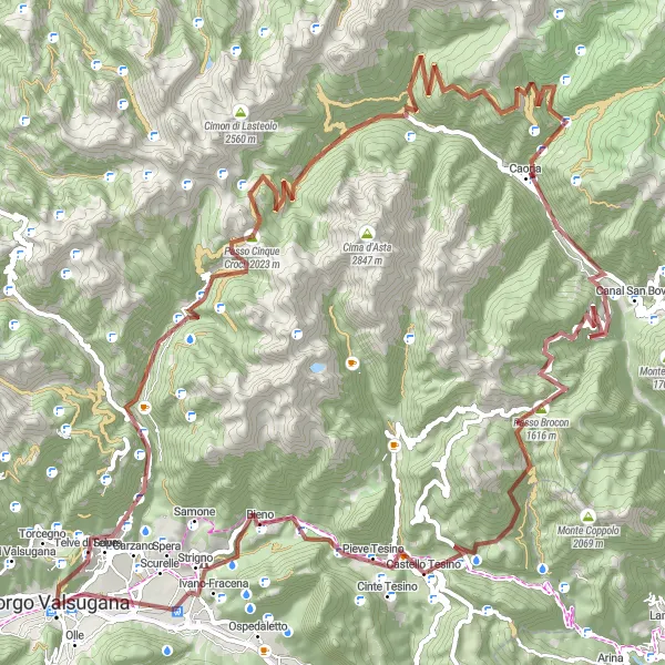 Miniatura della mappa di ispirazione al ciclismo "Giro in Gravel su Borgo Valsugana - 107 km" nella regione di Provincia Autonoma di Trento, Italy. Generata da Tarmacs.app, pianificatore di rotte ciclistiche
