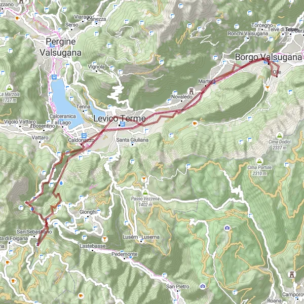 Karttaminiaatyyri "Rocchetta - Virti - Levico Terme Loop" pyöräilyinspiraatiosta alueella Provincia Autonoma di Trento, Italy. Luotu Tarmacs.app pyöräilyreittisuunnittelijalla