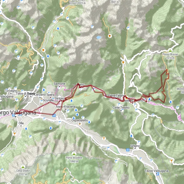 Miniatua del mapa de inspiración ciclista "Ruta de Grava de Borgo Valsugana" en Provincia Autonoma di Trento, Italy. Generado por Tarmacs.app planificador de rutas ciclistas
