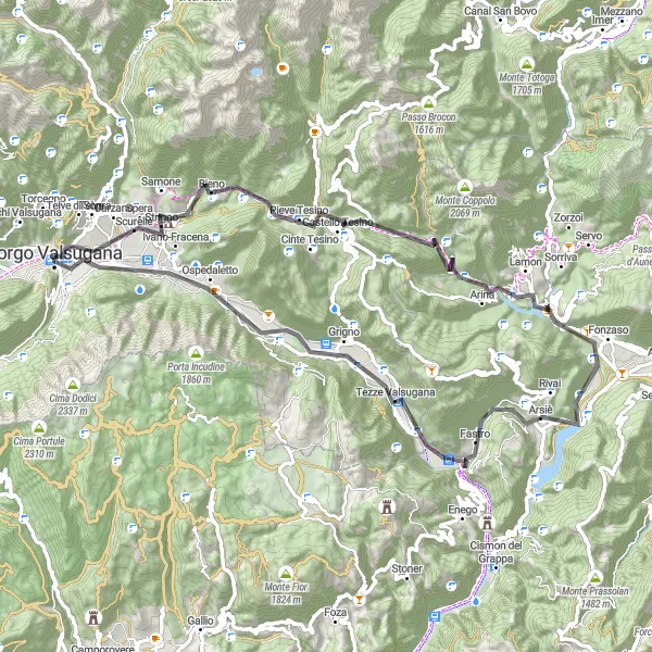 Kartminiatyr av "Scenic Road Cycling Route near Borgo Valsugana" cykelinspiration i Provincia Autonoma di Trento, Italy. Genererad av Tarmacs.app cykelruttplanerare