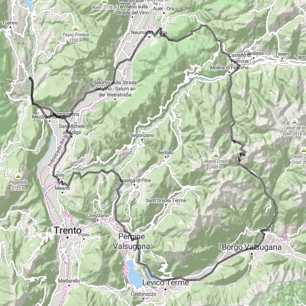 Zemljevid v pomanjšavi "Borgo Valsugana - Monte Corno" kolesarske inspiracije v Provincia Autonoma di Trento, Italy. Generirano z načrtovalcem kolesarskih poti Tarmacs.app