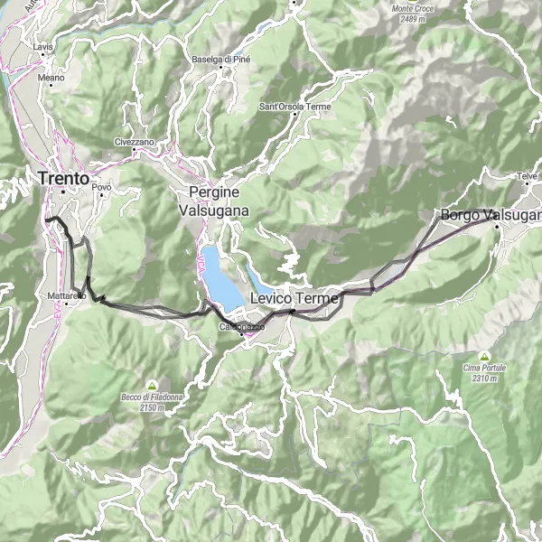 Mapa miniatúra "Cestná cyklistická trasa okolo Borgo Valsugana" cyklistická inšpirácia v Provincia Autonoma di Trento, Italy. Vygenerované cyklistickým plánovačom trás Tarmacs.app