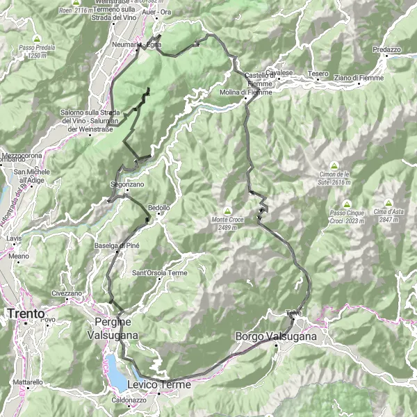Map miniature of "Road Cycling Paradise: Exploring the Beauty of Borgo Valsugana" cycling inspiration in Provincia Autonoma di Trento, Italy. Generated by Tarmacs.app cycling route planner
