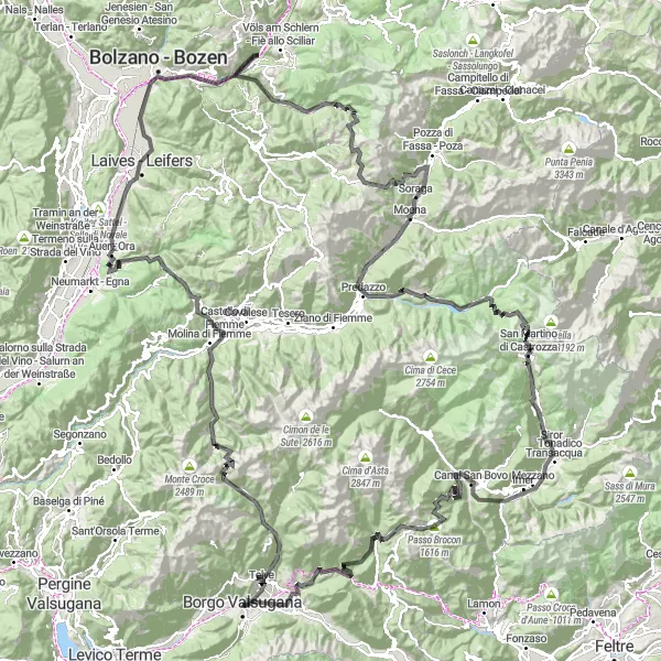 Karten-Miniaturansicht der Radinspiration "Passo Manghen und San Martino di Castrozza Route" in Provincia Autonoma di Trento, Italy. Erstellt vom Tarmacs.app-Routenplaner für Radtouren