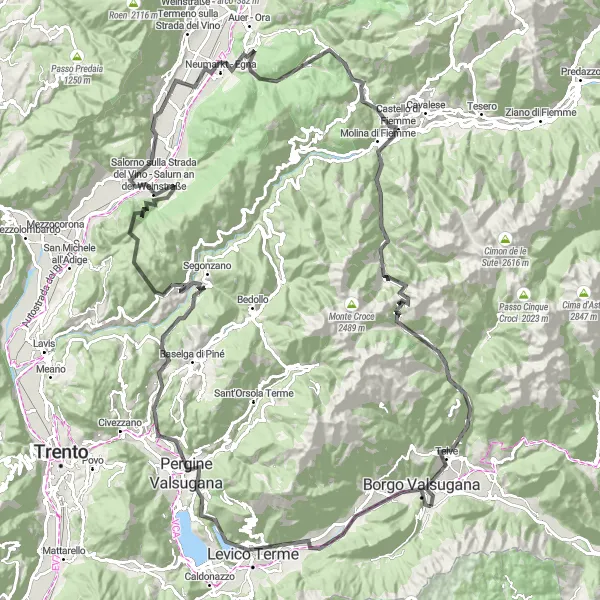 Karten-Miniaturansicht der Radinspiration "Bergdörfer und Weinberge" in Provincia Autonoma di Trento, Italy. Erstellt vom Tarmacs.app-Routenplaner für Radtouren