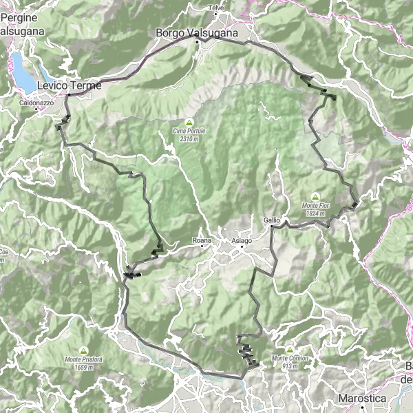 Map miniature of "Borgo Valsugana - Monte Corno Loop" cycling inspiration in Provincia Autonoma di Trento, Italy. Generated by Tarmacs.app cycling route planner