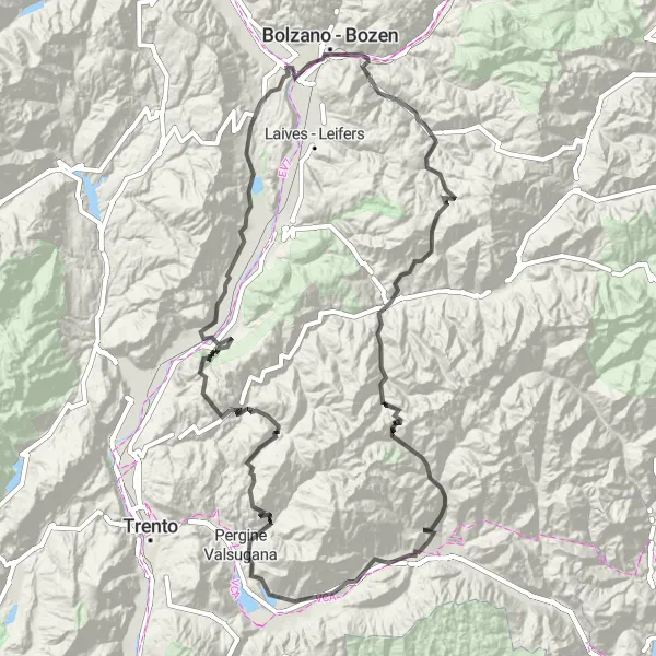 Miniatura della mappa di ispirazione al ciclismo "Sfide tra Salorno e Passo Manghen" nella regione di Provincia Autonoma di Trento, Italy. Generata da Tarmacs.app, pianificatore di rotte ciclistiche