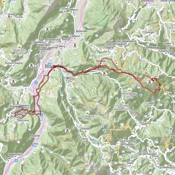Zemljevid v pomanjšavi "Cikel pot okoli Brentonico - makadam" kolesarske inspiracije v Provincia Autonoma di Trento, Italy. Generirano z načrtovalcem kolesarskih poti Tarmacs.app