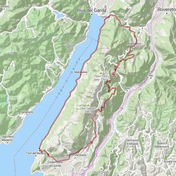 Karttaminiaatyyri "Brentonico - Monte Giovo - Passo di San Valentino Gravel Loop" pyöräilyinspiraatiosta alueella Provincia Autonoma di Trento, Italy. Luotu Tarmacs.app pyöräilyreittisuunnittelijalla