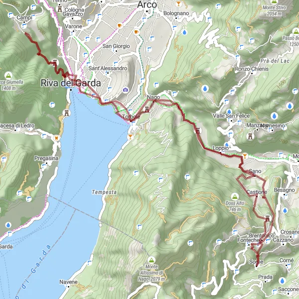 Miniaturní mapa "Gravel cyklistická trasa kolem Brentonica" inspirace pro cyklisty v oblasti Provincia Autonoma di Trento, Italy. Vytvořeno pomocí plánovače tras Tarmacs.app