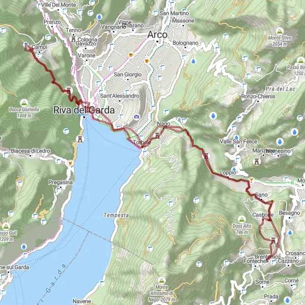 Miniatuurkaart van de fietsinspiratie "Monte Brione and Castione Gravel Expedition" in Provincia Autonoma di Trento, Italy. Gemaakt door de Tarmacs.app fietsrouteplanner