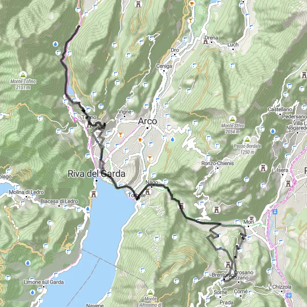 Miniaturní mapa "Jízda po silnici s panoramatickými výhledy" inspirace pro cyklisty v oblasti Provincia Autonoma di Trento, Italy. Vytvořeno pomocí plánovače tras Tarmacs.app