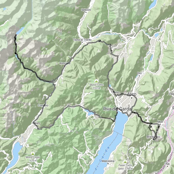 Miniaturní mapa "Okruh kolem Brentonica a okolí" inspirace pro cyklisty v oblasti Provincia Autonoma di Trento, Italy. Vytvořeno pomocí plánovače tras Tarmacs.app