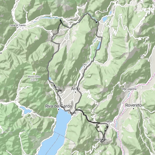 Miniature de la carte de l'inspiration cycliste "Parcours des 100 km de route autour de Brentonico" dans la Provincia Autonoma di Trento, Italy. Générée par le planificateur d'itinéraire cycliste Tarmacs.app