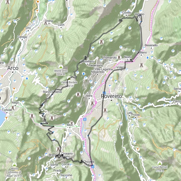 Kartminiatyr av "Brentonico - Carpene - Varano - Aldeno - Volano - Dossi - Cazzano" sykkelinspirasjon i Provincia Autonoma di Trento, Italy. Generert av Tarmacs.app sykkelrutoplanlegger