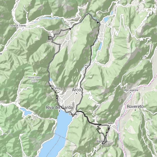Miniaturní mapa "Silniční cyklistická trasa poblíž Brentonica" inspirace pro cyklisty v oblasti Provincia Autonoma di Trento, Italy. Vytvořeno pomocí plánovače tras Tarmacs.app