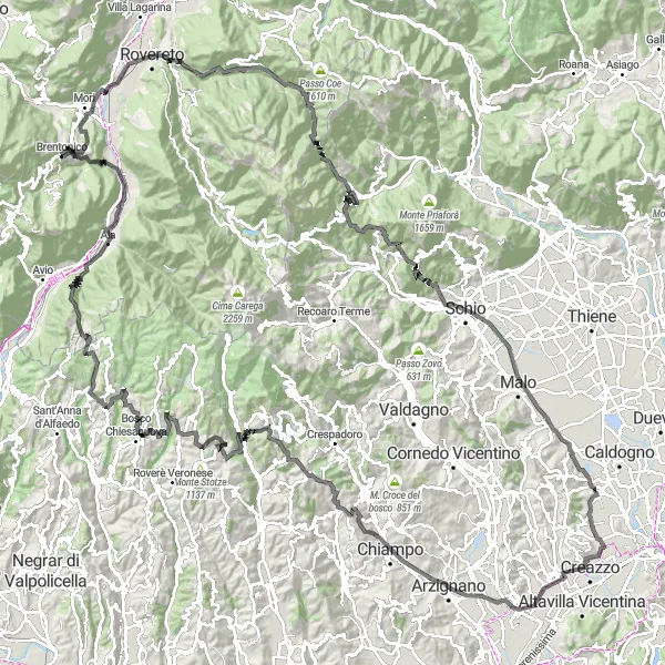 Miniaturekort af cykelinspirationen "Brentonico til Monte Enna via Passo della Borcola" i Provincia Autonoma di Trento, Italy. Genereret af Tarmacs.app cykelruteplanlægger