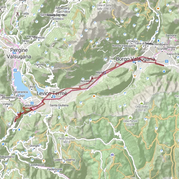 Miniatua del mapa de inspiración ciclista "Ruta Escénica a través de Borgo Valsugana y Centa San Nicolò" en Provincia Autonoma di Trento, Italy. Generado por Tarmacs.app planificador de rutas ciclistas