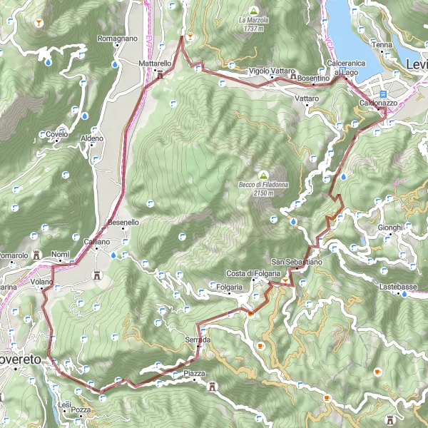 Zemljevid v pomanjšavi "Scenic gravel route to Passo Sommo" kolesarske inspiracije v Provincia Autonoma di Trento, Italy. Generirano z načrtovalcem kolesarskih poti Tarmacs.app
