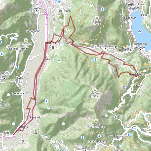 Karttaminiaatyyri "Sommi - Valsorda Gravel Loop" pyöräilyinspiraatiosta alueella Provincia Autonoma di Trento, Italy. Luotu Tarmacs.app pyöräilyreittisuunnittelijalla