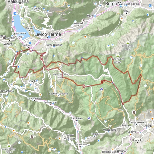 Miniature de la carte de l'inspiration cycliste "Aventure gravel autour de Caldonazzo" dans la Provincia Autonoma di Trento, Italy. Générée par le planificateur d'itinéraire cycliste Tarmacs.app