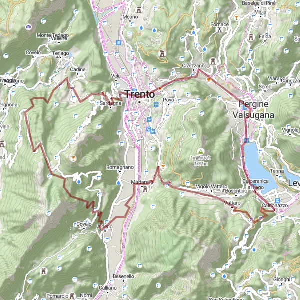 Kartminiatyr av "Grønne Skoger og Friske Fjell - En Sykkeltur i Naturen" sykkelinspirasjon i Provincia Autonoma di Trento, Italy. Generert av Tarmacs.app sykkelrutoplanlegger