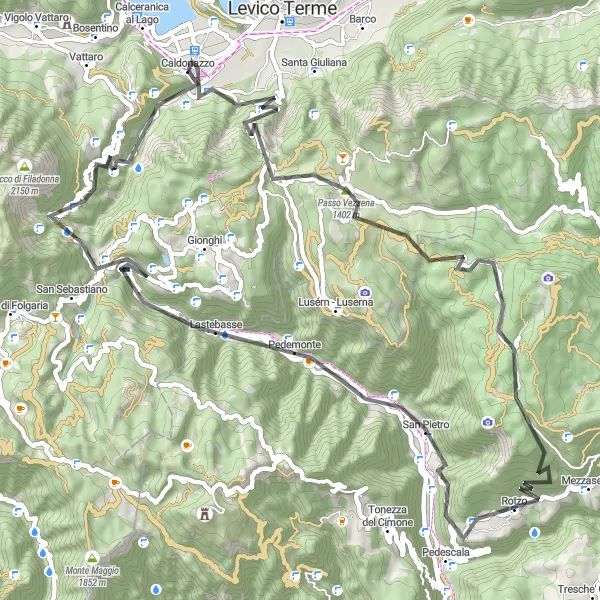 Miniature de la carte de l'inspiration cycliste "Le grand tour de Caldonazzo" dans la Provincia Autonoma di Trento, Italy. Générée par le planificateur d'itinéraire cycliste Tarmacs.app