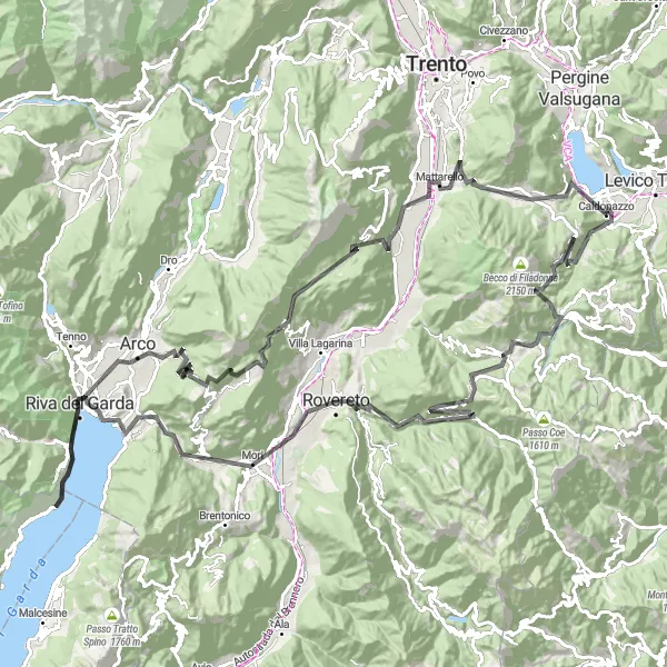 Miniatura della mappa di ispirazione al ciclismo "Giro in bicicletta da Caldonazzo" nella regione di Provincia Autonoma di Trento, Italy. Generata da Tarmacs.app, pianificatore di rotte ciclistiche