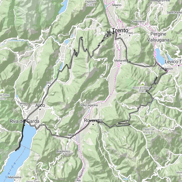 Zemljevid v pomanjšavi "Caldonazzo - Monte Brione - Calceranica al Lago" kolesarske inspiracije v Provincia Autonoma di Trento, Italy. Generirano z načrtovalcem kolesarskih poti Tarmacs.app