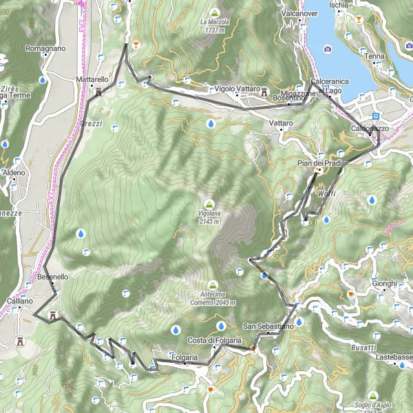 Map miniature of "Centa San Nicolò Loop" cycling inspiration in Provincia Autonoma di Trento, Italy. Generated by Tarmacs.app cycling route planner