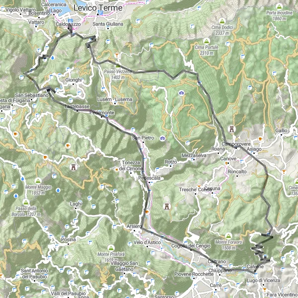 Zemljevid v pomanjšavi "Epska kolesarska avantura v bližini Caldonazza" kolesarske inspiracije v Provincia Autonoma di Trento, Italy. Generirano z načrtovalcem kolesarskih poti Tarmacs.app