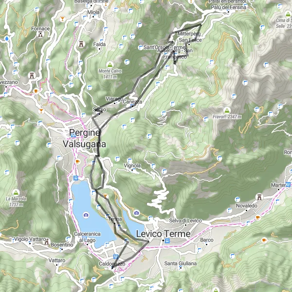Kartminiatyr av "Caldonazzo - Auserpèrg - Brenta - Caldonazzo" sykkelinspirasjon i Provincia Autonoma di Trento, Italy. Generert av Tarmacs.app sykkelrutoplanlegger