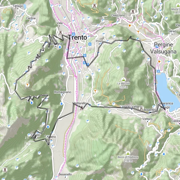 Karttaminiaatyyri "Trento Ring Road Cycling Tour" pyöräilyinspiraatiosta alueella Provincia Autonoma di Trento, Italy. Luotu Tarmacs.app pyöräilyreittisuunnittelijalla