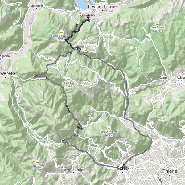 Zemljevid v pomanjšavi "Okrog Caldonazza na kolesu" kolesarske inspiracije v Provincia Autonoma di Trento, Italy. Generirano z načrtovalcem kolesarskih poti Tarmacs.app