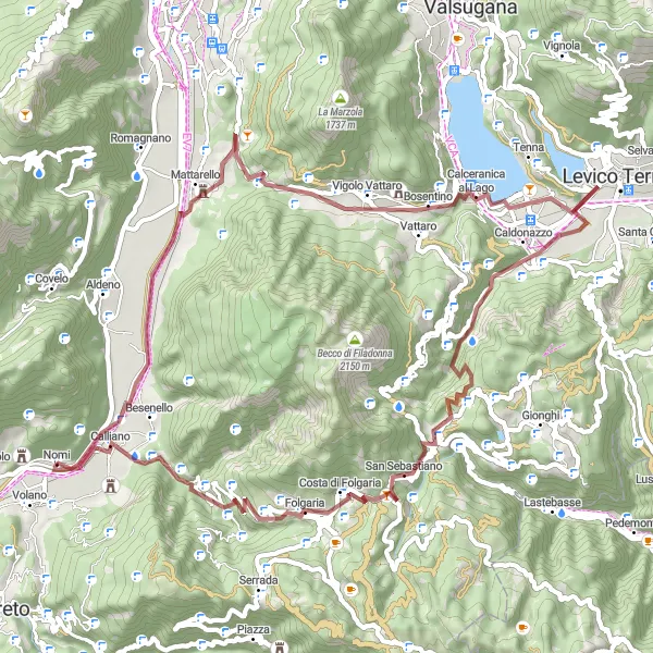 Map miniature of "Calliano Gravel Expedition" cycling inspiration in Provincia Autonoma di Trento, Italy. Generated by Tarmacs.app cycling route planner