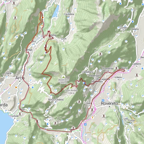 Zemljevid v pomanjšavi "Gravelna avantura okoli Calliana" kolesarske inspiracije v Provincia Autonoma di Trento, Italy. Generirano z načrtovalcem kolesarskih poti Tarmacs.app