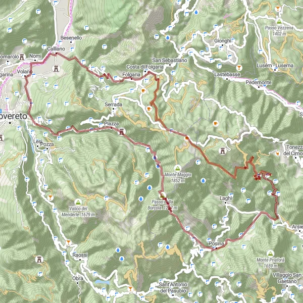 Map miniature of "Calliano Gravel Adventure" cycling inspiration in Provincia Autonoma di Trento, Italy. Generated by Tarmacs.app cycling route planner